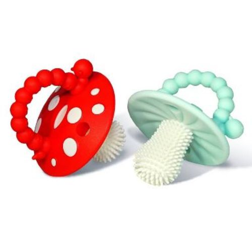 RaZbaby Chompy Mushroom Teether Pacifiers 3m+ - 2pk - Red/Blue