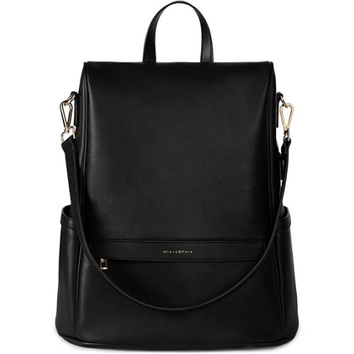 MIA + SOPHIA Leather Diaper Bag Backpack with USB Charging port, Changing Pad, Stroller Straps (Black Mia)