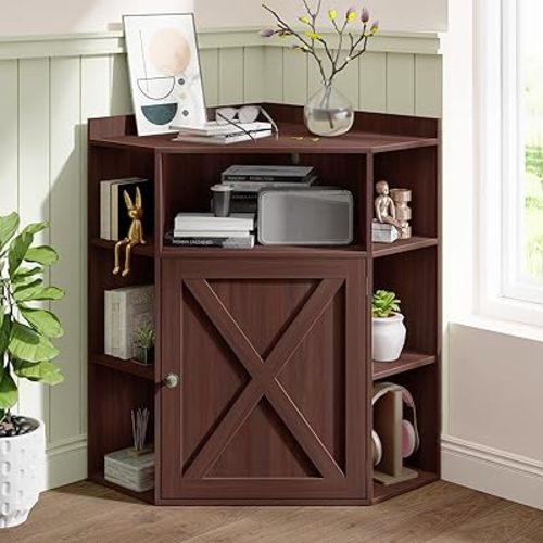 Corner Cabinet, Corner Storage Shelf with USB Ports and Outlets Industrial Organizer for Small Space Wooden 6-Cubby Bookshelf for Study, Playroom, Living Room (Dark Brown)