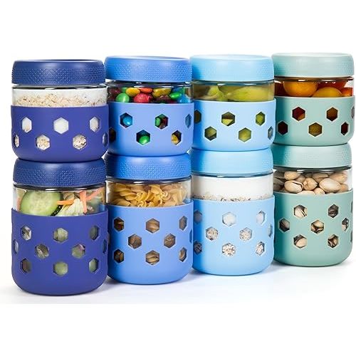 Gemice 8-Pack 16 oz & 10 oz Glass Mason Jars with Silicone Sleeves, Airtight BPA-Free Overnight Oats Containers with Lids, Dishwasher Safe Leak-Proof Meal Prep Jars for Chia Pudding, Yogurt, Snacks