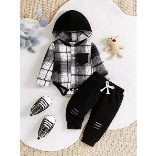 2pcs Set: Color Block Hooded Plaid Long Sleeve Bodysuit + Ripped Long Pants | SHEIN USA