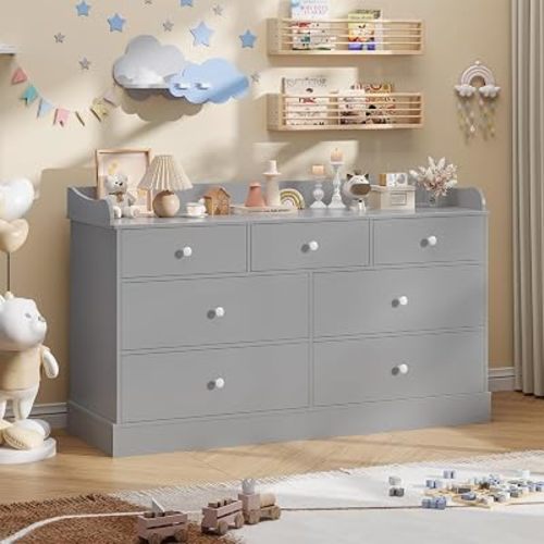 Vabches Kids Dresser Cabinet with 7 Drawers and Large Table Top, Multi-Functional Chest of Drawers, Baby Dresser, Kids Bedroom Furniture, Nightstand for Child’s Room, Gray