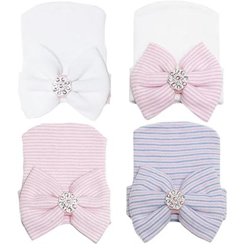 DRESHOW BQUBO 4 Pack Newborn Hospital Hat Infant Baby Hat Cap with Big Bow Soft Cute Knot Nursery Beanie
