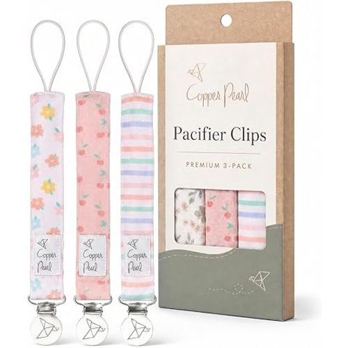 Copper Pearl Pacifier Clip 3-Pack: Premium Knit Binky Clips for Baby Girls and Boys - Stylish Stainless Steel Pacifier Holder Clip - Cheery