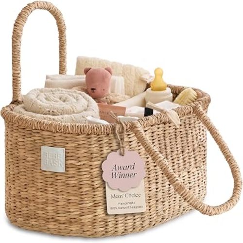 BEBE BASK Premium Baby Diaper Caddy Organizer - Artisan-Made Seagrass Basket With Cotton Divider - Award-Winning & Luxury Diaper Caddy Basket (ROSA)