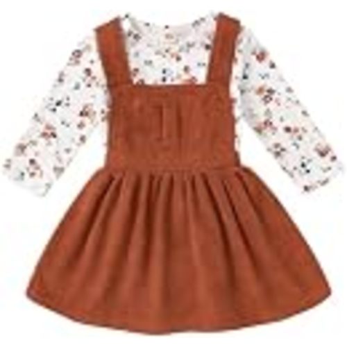 Toddler Baby Girl Corduroy Overall Dress Set Long Sleeve Fall Outfit | Soft corduroy dress adjustable straps and front pocket,paired with striped long sleeve t-shirt,baby girl fall winter outfits