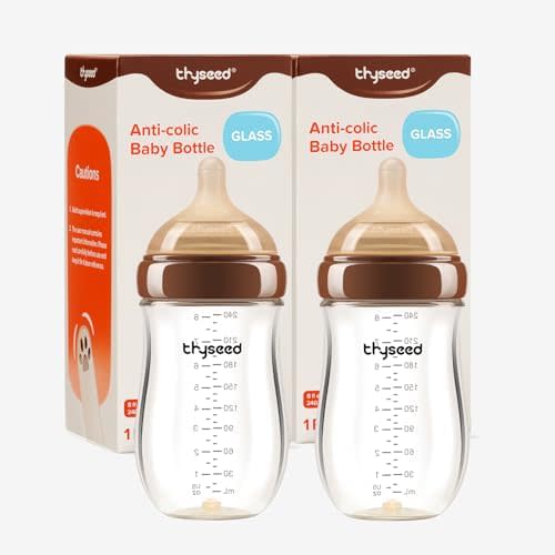Thyseed Anti-Colic Glass Baby Bottle for Breastfed Infants, Natural Feeding, Breast-Like Newborn Slow Flow Nipple (3m+), 8 oz, 2 Pack