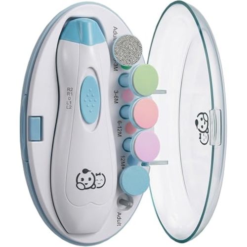 Royal Angels Upgraded 6 in 1 Baby Nail Trimmer with Labeled Case, 4 Colored Pads for Newborns to Toddlers, Whisper Quiet Electric Nail File with LED Light, Safe Manicure Set for Families (Babyblue)