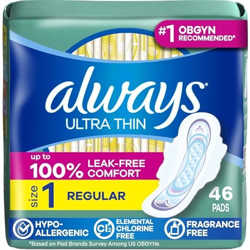 Always Ultra Thin Feminine Pads with Wings for Women, Size 1, Regular Absorbency, Unscented, Up to 100% Leak-Free Protection, 46 Count