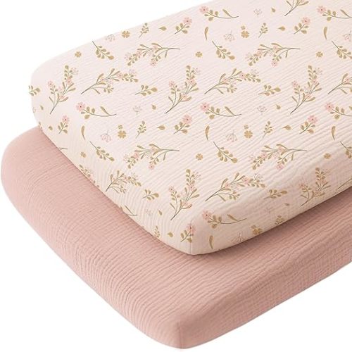 Konssy 2 Pack Muslin Bassinet Sheets for Baby Girls Boys, 33"x21" | 100% Cotton, Soft Bassinet Mattress Sheets, Fits Baby Delight, Dream on Me, Rectangle Bedside Mattresses (Floral,Pink)