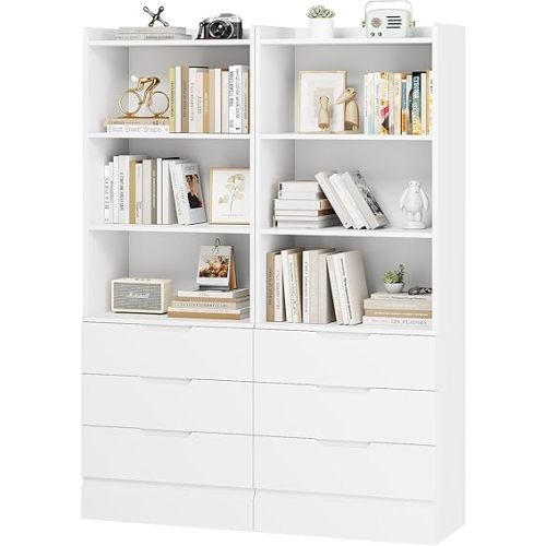 DICTAC Bookcase Set of 2 with 3 Drawers 73.23'' White Bookshelf Storage Cabinets with Shelves and Drawers Kitchen Pantry with Microwave Stand,Storage Organizer for Living Room,Office,Study, Bathroom