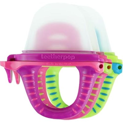 Teetherpop Fillable Silicone Teether for Babies (3-Pack) – Breastmilk Popsicle Molds for Teething w/Spill-Proof Sippy Slits – Freezable Baby Teethers for Liquid & Purée (Fucshia/PinkLemon/BlueLemon)