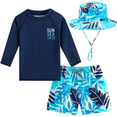 Baby Boys Swimsuit, 3-Piece Toddlers Swimsuit Trunk Long Sleeve Rashguard Swimwear and Sun Hat Set