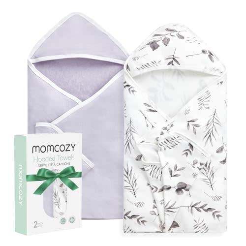 Momcozy Baby Hooded Towel-Made from Cotton, Suitable for Newborn Shower Gifts, 2 Count (Pack of 1), 28 X 28 Inch, Ink Wash Leaves