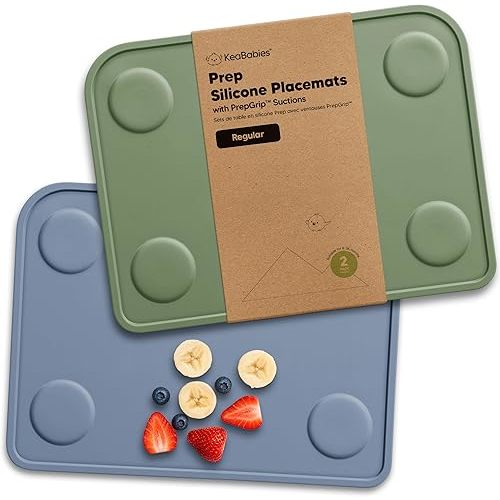 KeaBabies 2pk Silicone Placemats for Toddlers, Kids - 12x9 Non Slip Suction Baby Silicone Placemat for Restaurants, Dining Table,Travel, Easy to Clean, Food Grade/BPA-Free,Small Baby Table Mat(Slate)