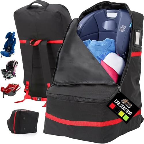 GORILLA GRIP Tear and Water Resistant Padded Car Seat Travel Bag for Airplane and Airport, Universal Fit Baby Carseat Bags, Holds Up to 50lbs, Handle & Shoulder Straps, Air Gate Check Carrier, Red