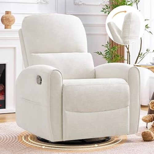Swivel Rocker Recliner, Manual Swivel Glider Nursery Recliner Chair with Adjustable Headrest and Lumbar Support, Rocking Recling Chairs for Small Space, Living Room, Bedroom, Chenille White