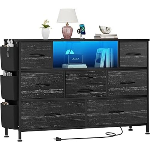 Dresser for Bedroom with 8 Drawers, Dresser TV Stand with LED Lights and Power Outlets, Fabric Chest of Drawers with Side Pocket for Living Room, Entryway, Bedroom Furniture (Black Wood Grain)