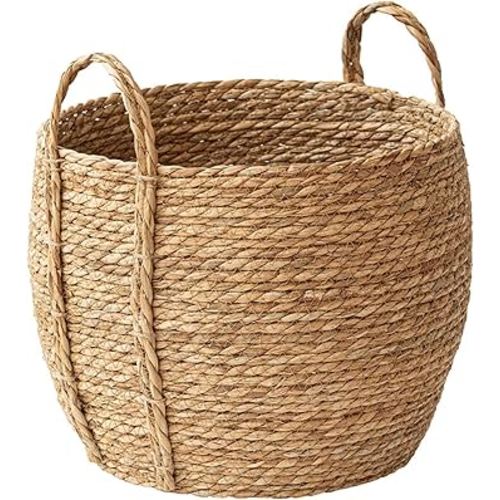 Rattan Grass Woven Flower Basket, Decorative Round Wicker Woven Rope Storage Blanket Basket with Woven Handles,Planter Pot for Living Room,Floor Standing Storage,Balcony Garden Decoration