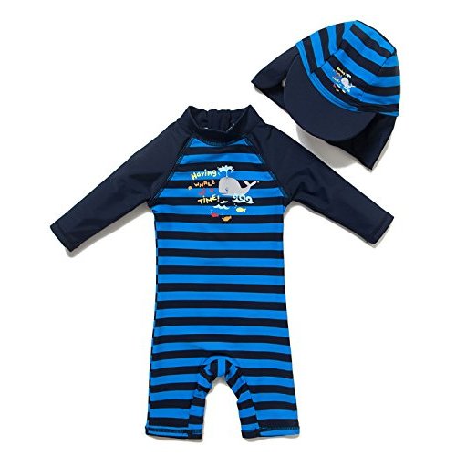 Bonverano(TM) Kids UPF 50+ Sun Protection S/S One Piece Zip Sun Suit With Sun Hat (3-6 months, Colorful fish)