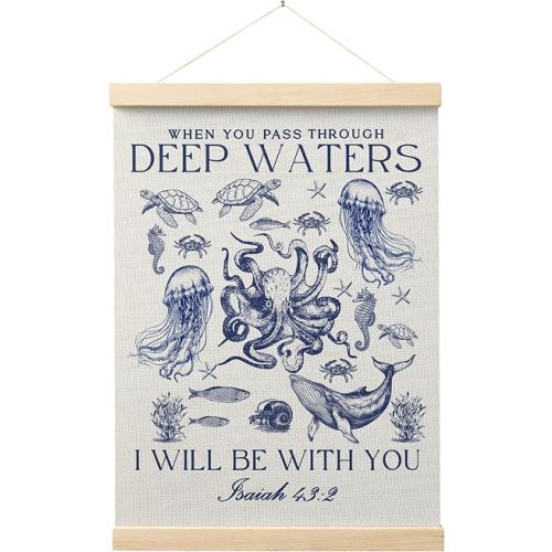 FGFK Vintage Navy Blue Christian Ocean Wall Art Poster Hanger Frame, Coastal Beach Isaiah 43:2 Bible Verse Religious Canvas Prints Framed Wall Decor for Home Office, 12x16 Inch