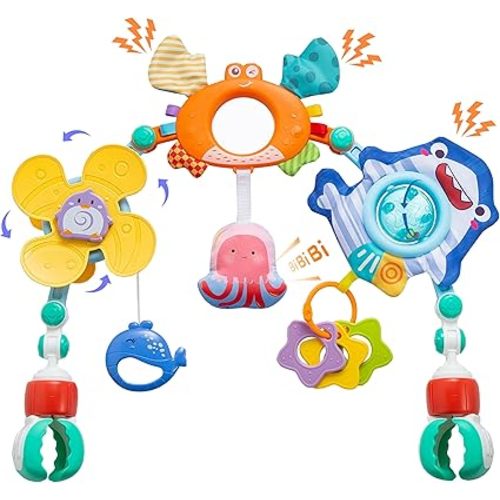 Baby Stroller Arch Toy, Car Seat Toys, Adjustable Arch Stroller toy with Hanging Sensory Activity toys,fits on Baby Bouncer, Bassinet, Stroller, Crib and Car Seats for baby infant Boy Girl 0-18 Months