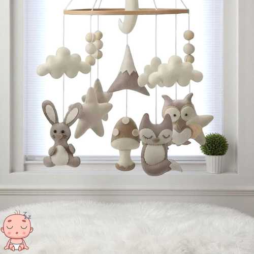 Neutral Baby Crib Mobile – Handmade Woodland Nursery Mobile with Soft Animals, Clouds, Stars and Moon – Unisex Baby Shower Gift