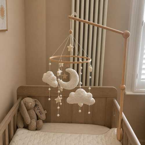 Personalized Boucle Clouds, Moon & Stars Baby Mobile, Neutral Earthy nursery decor, Newborn Cot Crib Mobiles Carousel, Baby Shower Gift
