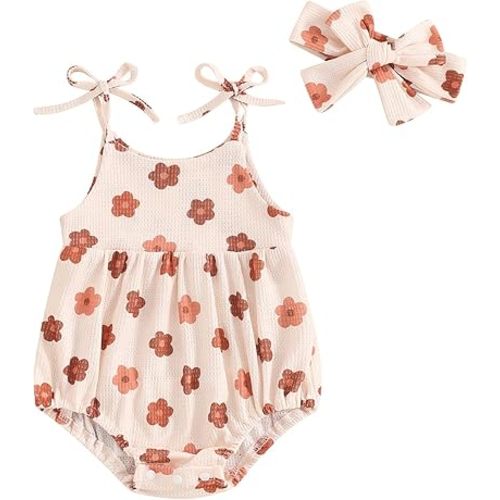 Summer Baby Girl Clothes Newborn Floral Bubble Romper Strap Sleeveless Jumpsuit Playsuit Headband Outfit