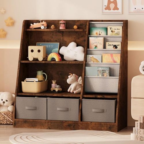 NACHES Kids Bookshelf Toy Storage with Sling & Fabric Bins Rustic Brown