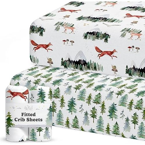 Crib Sheets Neutral - Fitted Baby Crib Sheets Bed for Girl Boy - 2 Pack Standard & Toddler Mattress (Woodland Forest Animals) - Buttery Soft Organic Cotton Blend