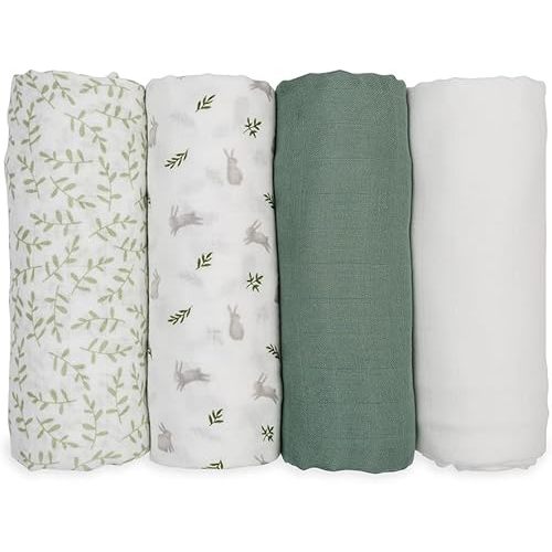 lulujo Set of 4 Deluxe Muslin Swaddle Blankets, Fern & Bunnies, 47 x 47-Inch