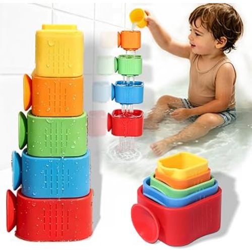 Suction Cup Bath Toys for Toddlers: 5PCS Waterfall Stacking Cups Bathtub Toys for Babies & Infants, Essential Bathtime Silicone Water Toys, Montessori Sensory Play for Boys & Girls 1 2 3 Years