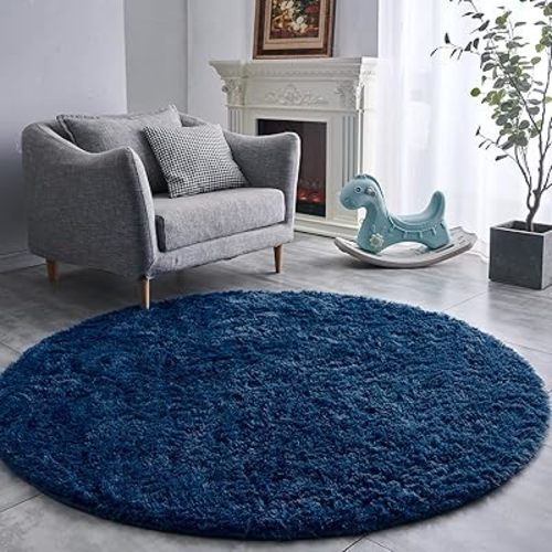 FJZFING Navy Blue Round Rug Ultra-Soft Plush Modern 6x6 Circle Area Rug for Kid's Bedroom, Fluffy Shag Circular Rug for Nursery Room, Non-Slip Home Decor Cute Navy Blue Carpet for Teen's Room