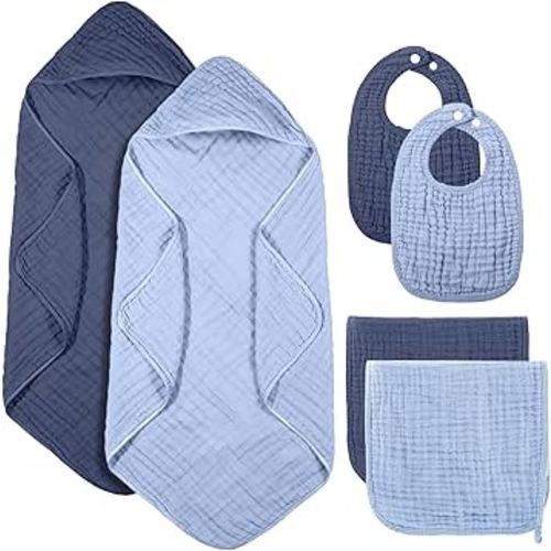 6 Pcs Muslin Hooded Bath Towels Washcloths and Bibs Set, Muslin Cotton Baby Towels Absorbent Hooded Blanket Towel Infant Bibs for Boys Girls Newborn Infant Essential(Dark Blue, Light Blue)