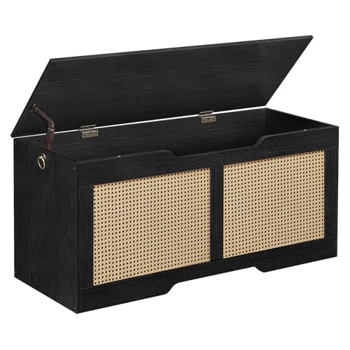 HOOBRO Storage Bench, 43.3" Toy Box, Rattan-Like Storage Chest, Sturdy Entryway Bench Supports 220 lb, Toy Chest, Safety Hinge, U-Shaped Opening, Easy Assembly, Black BB22CW01