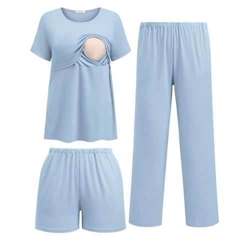 Ekouaer 3 Piece Postpartum Nursing Pajamas Set Short Sleeve Breastfeeding Shirts Pregnancy Shorts & Pants Maternity Pjs