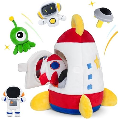 IPOZITO Baby Toys 6-12 Months,Soft Rocket with 5 Sensory Plush Toy, Rattle, Crinkle Paper, Squeaker, Mirror, Busy Montessori Toys for 6 Month Old Christmas Baby Stocking Stuffers
