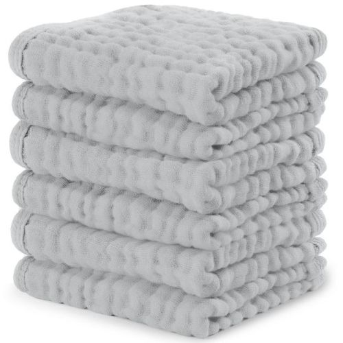 Comfy Cubs Muslin Baby Washcloths 6 Pack - Soft Large 10"x10" 6-Layer Absorbent Cotton - Heather Blue