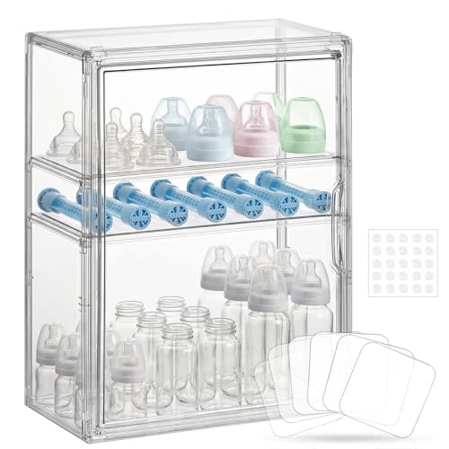 Baby Bottle Organizer – Large Adhesive Wall-Mount 3 Tier Adjustable Acrylic Bottle Storage Container with Magnetic Door – for Countertop, Cabinet, Kitchen, and Vanity, Gifts for New Mom