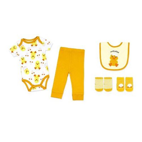 Baby Boys and Baby Girls Recently Hatched 5-piece Bodysuit, Pants, Bib, and Socks Set