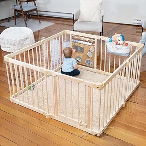 Miotetto Baby Playpen, Wooden Playpen for Babies and Toddlers, Foldable Fence with Montessori Activity Panel, Storage Basket & Gate, Portable, Easy to Assemble Baby Play Pen Natural Wood Playyard