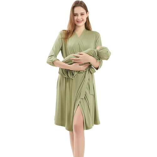 Galabloomer Maternity Robe and Baby Receiving Blanket, Matching Mommy Labor Delivery Robe and Swaddle Set (l, sage)