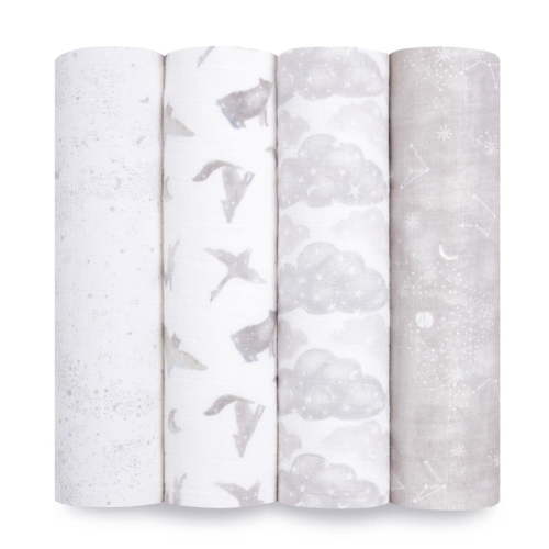 aden + anais Organic Cotton Muslin Swaddle Blanket, Grey Map the Stars, Unisex, 4-Pack