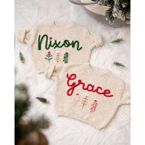 Hand Embroidered Baby Name Christmas Sweater for Baby Boys and Toddler Boys, Baby Toddler Custom Holiday Sweater, Christmas Baby Outfit