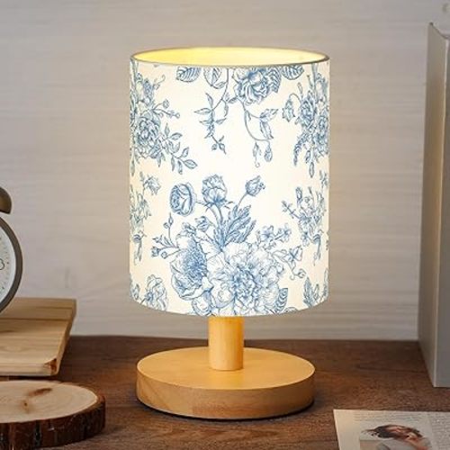 VIHOSE Blue Floral Kids Table Lamp for Bedroom Kids Bedside Lamp with Linen Wooden Nightstand Cartoon Nursery Lampshade for Girls Boys Living Room