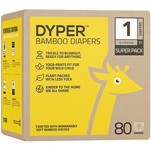 DYPER Viscose from Bamboo Baby Diapers Size 1 | Honest Ingredients | Cloth Alternative | Day & Overnight | Made with Plant-Based* Materials | Hypoallergenic for Sensitive Newborn Skin, Unscented 80Ct
