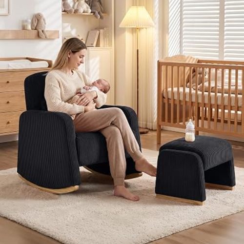 Rocking Chair with Ottoman, Corduroy Nursery Glider Rocker with High Backrest, Accent Reading Chair for Adult,Bedroom,Living Room,Offices,Black