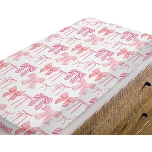 Baby Girls Changing Pad Covers Watercolor Pink Bows, Cute Ribbon Bowknot Safe Snug Fitted Diaper Table Sheet, Soft Breathable Stretchy Change Mat Shower Gift Fit 32 34 x 16