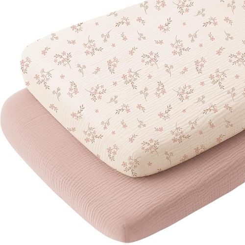 Konssy 2 Pack Muslin Bassinet Sheets for Baby Boy, 100% Cotton Soft Breathable Bassinet Mattress Sheets Fit for Hourglass Oval Cradle Rectangle Mattress (Soft Blooms,Taupe)